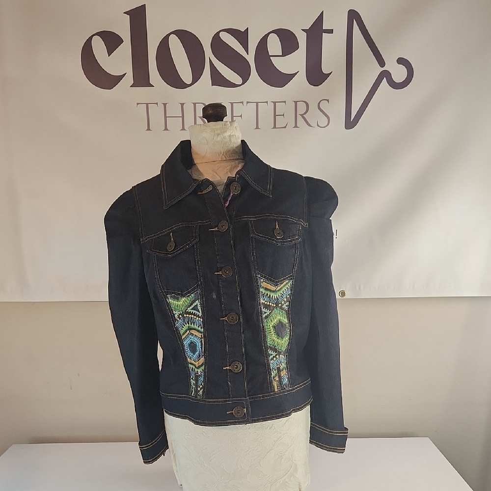 Upcycled Bisou Bisou Dark Denim Jacket with Green and Blue Accents